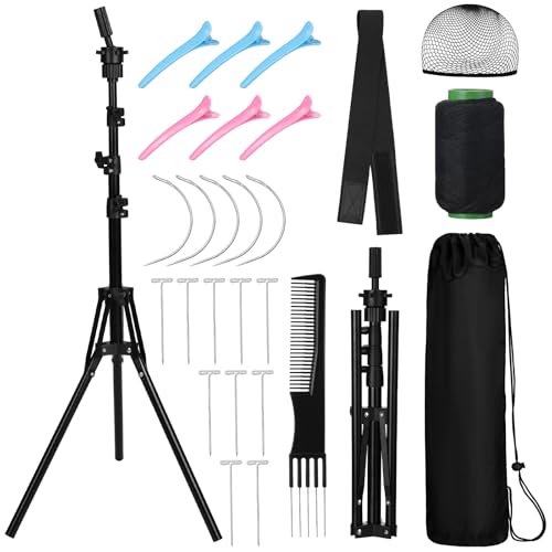 61'' Adjustable Wig Stand Tripod, Wig Holder Stand with Head, Caps, Elastic Bands, T Pins Tool Kit for Wigs Styling Making Display, Cosmetology Hairdressing Training